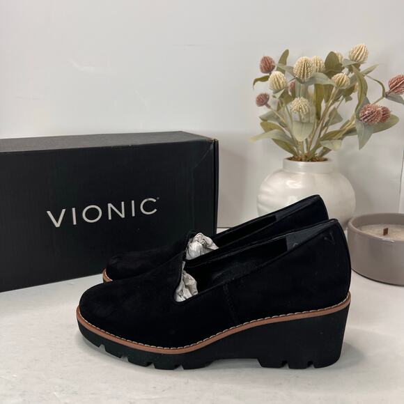 Vionic Willa Wedge Loafers Suede Slip On Black Women's 6.5 NWB Water Repellent - Picture 3 of 10